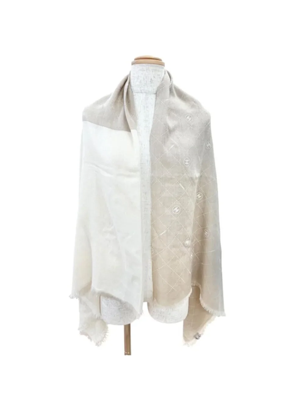 Chanel Cashmere Silk CC Logo Quilted Pattern Mini Fringe Shawl Beige Ivory Scarf